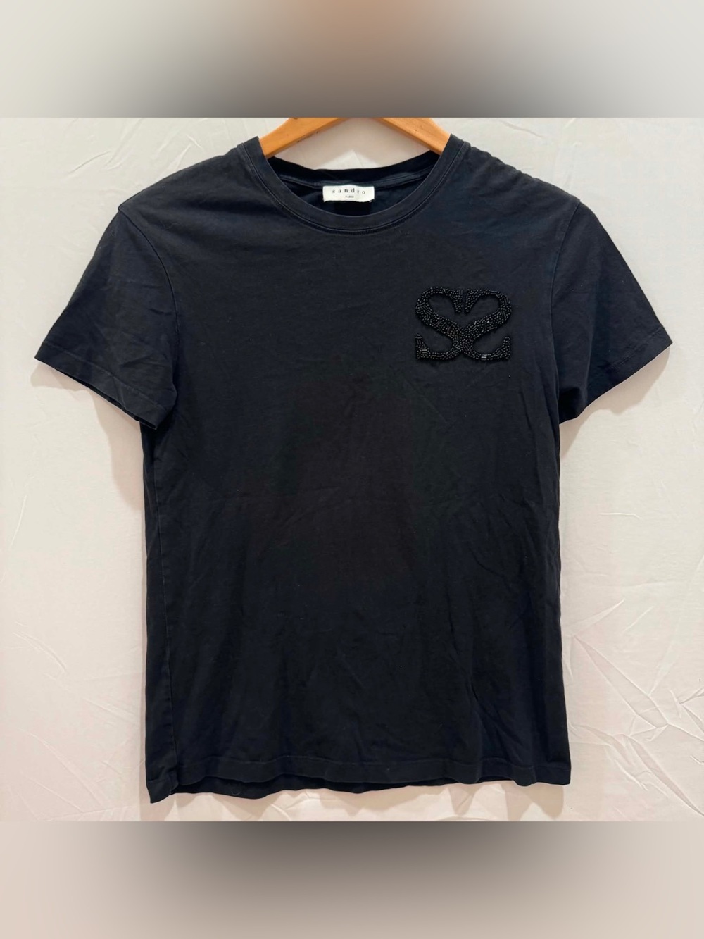 Sandro Paris Women's Black Short-Sleeve Crew Neck T-Shirt with Beaded Logo